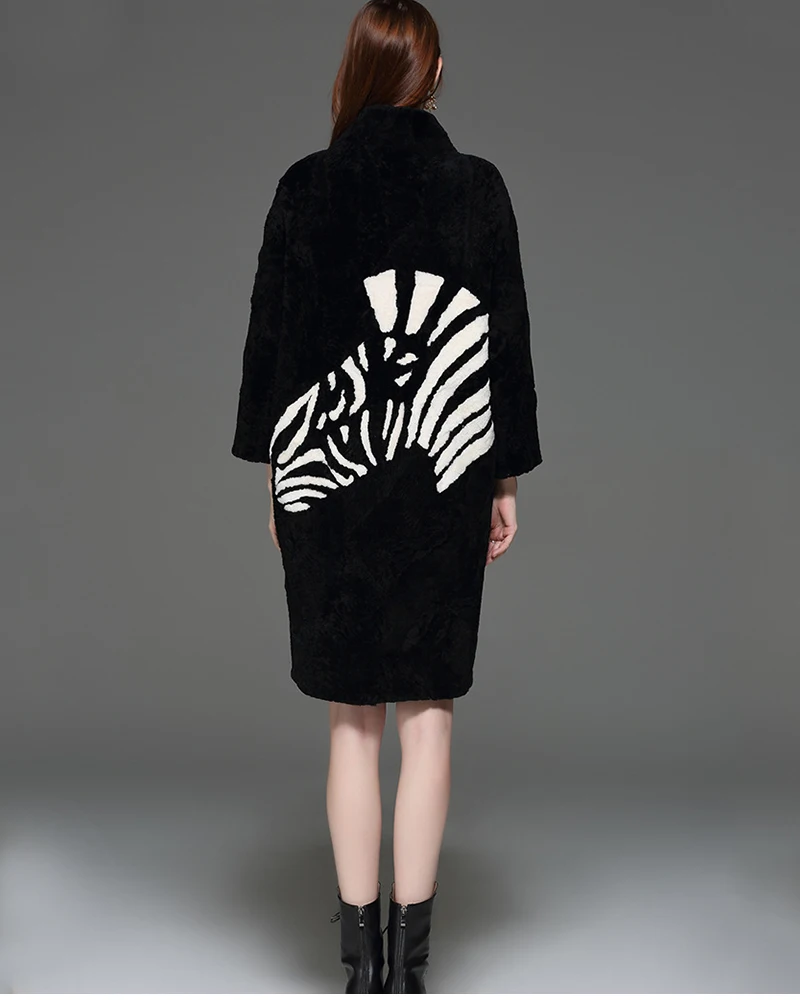 LVCHI/Большие размеры, женские пальто из натурального меха с рисунком зебры, шуба-пальто из натурального меха черного цвета с воротником-стойкой, шерстяное пальто с широкой талией