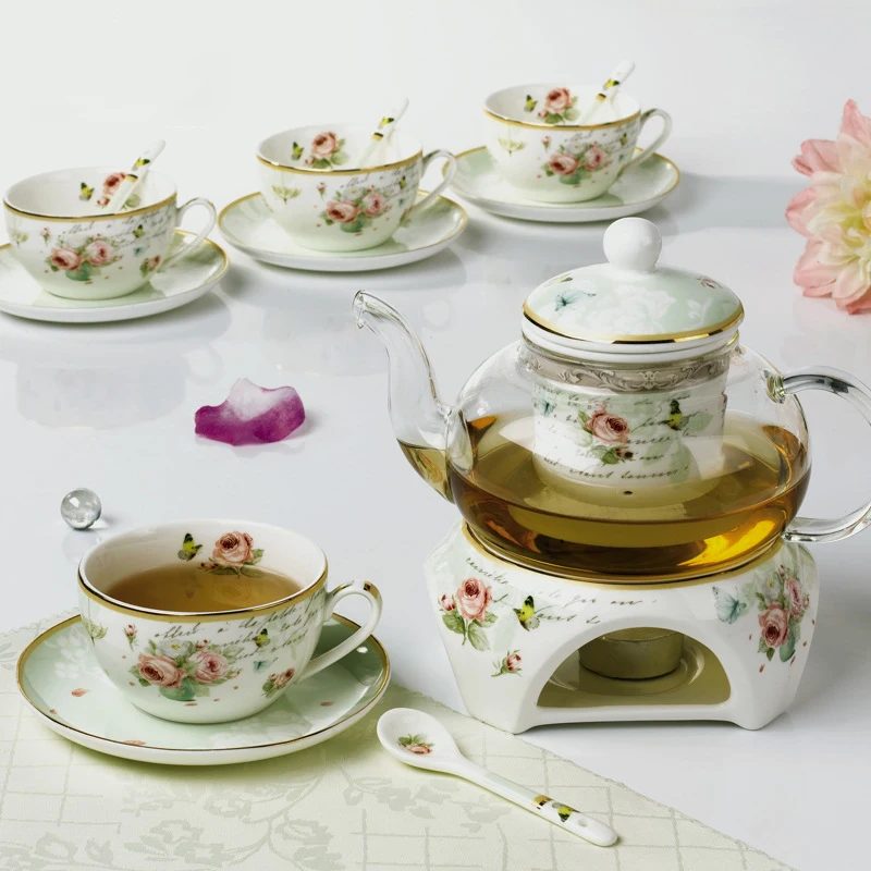 

Advanced Bone China Tea Set Include Heatable Glass Teapot and 6 Ceramic Tea Cups And Saucers Porcelain Teaware Set