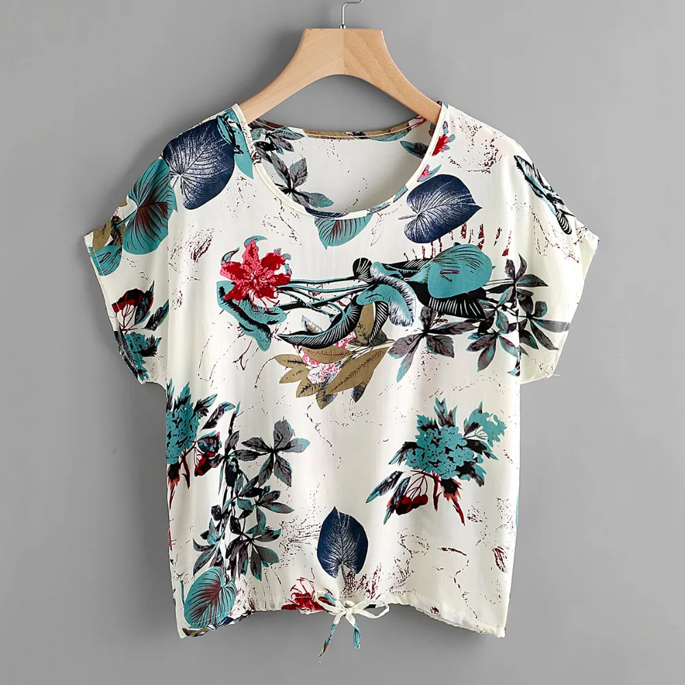 

ROMWE Jungle Print Dolman Sleeve Drawstring Tops Spring Round Neck Short Sleeve Shirt Casual Women Tops and Blouses