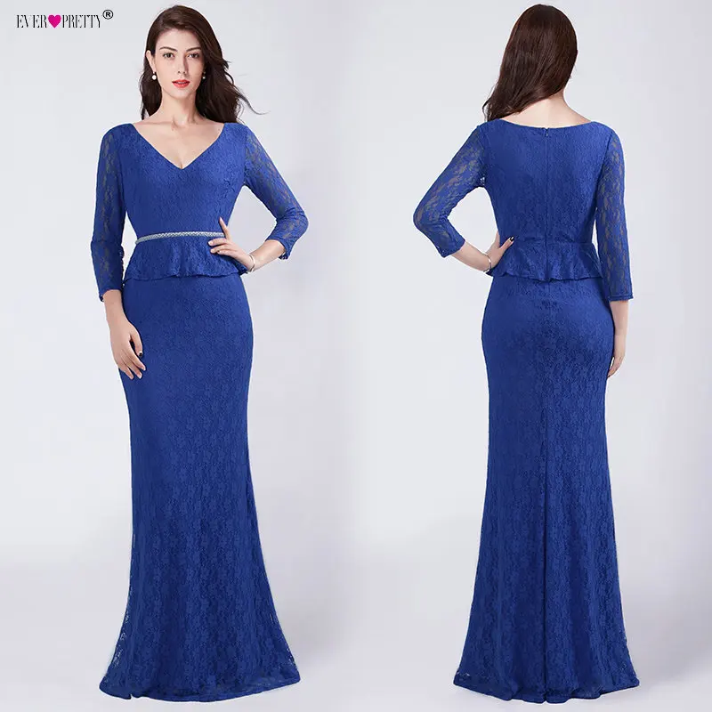 

Royal Blue Mother of the Bride Dress Ever Pretty EZ07697 Elegant Long Sleeve Full Lace Mermaid Long Party Gown for Wedding Guest