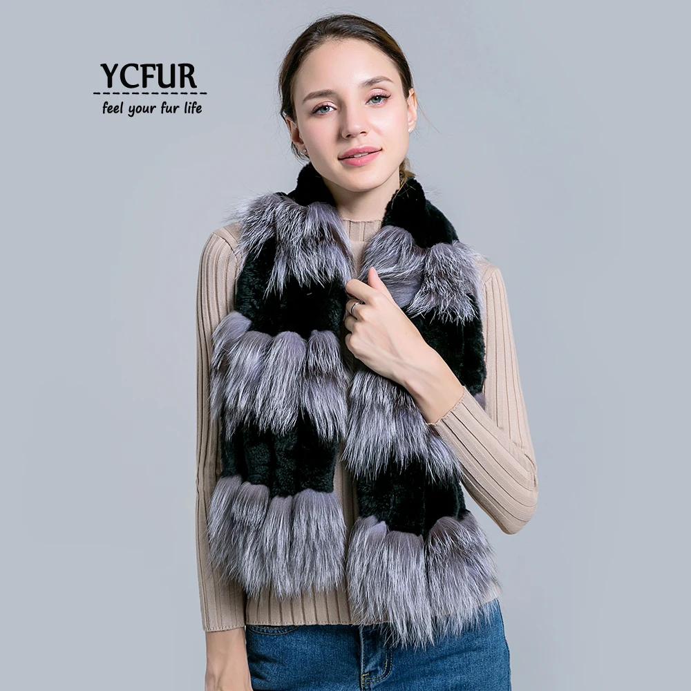 

YCFUR Women Scarf Winter Handmade Splice Rex Rabbit Fur Scarves For Women Silver Fox Fur Long Scarf Scarves Shawls Ladies