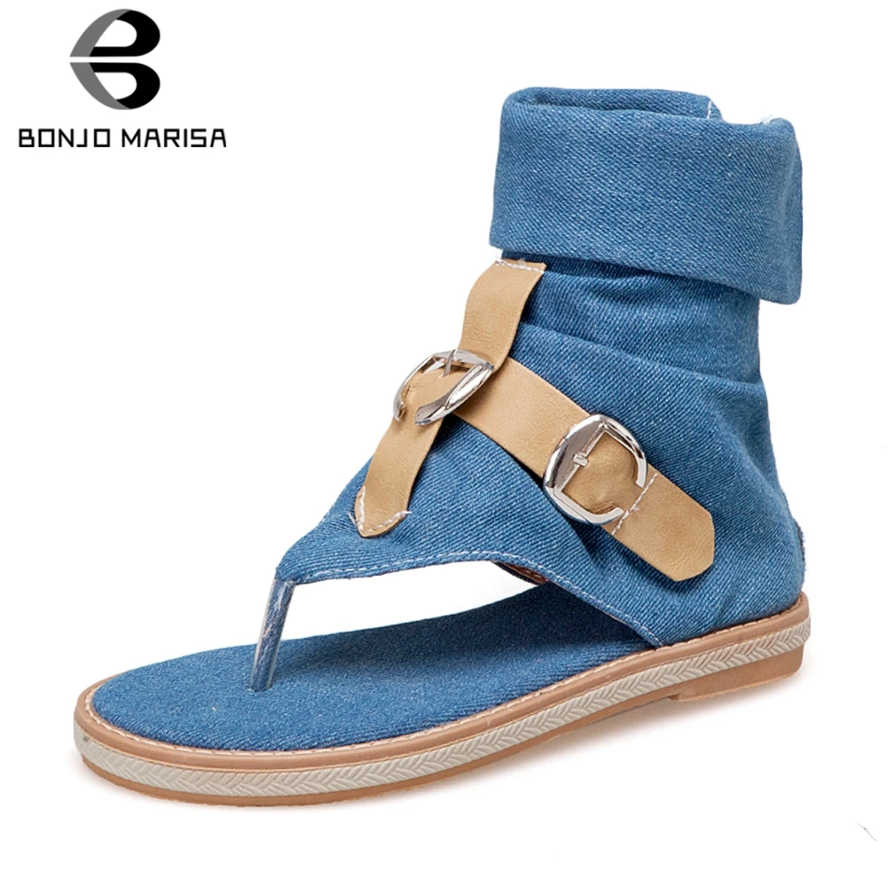 

BONJOMARISA New Hot Sale Concise Denim Flat Sandals Women 2019 Summer Large Size 34-43 Casual Low Heels Women Shoes Woman