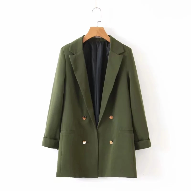 

Klacwaya women fashion ArmyGreen blazer suit 2019 office ladies double breasted blazers jackets girls casual long sleeve suits