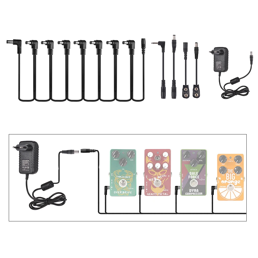 Гитарная педаль Питание адаптер DC 9 V 1A с 8-канальный видеорегистратор топологии кабель обратной полярности кабели Батарея зажимные кабели
