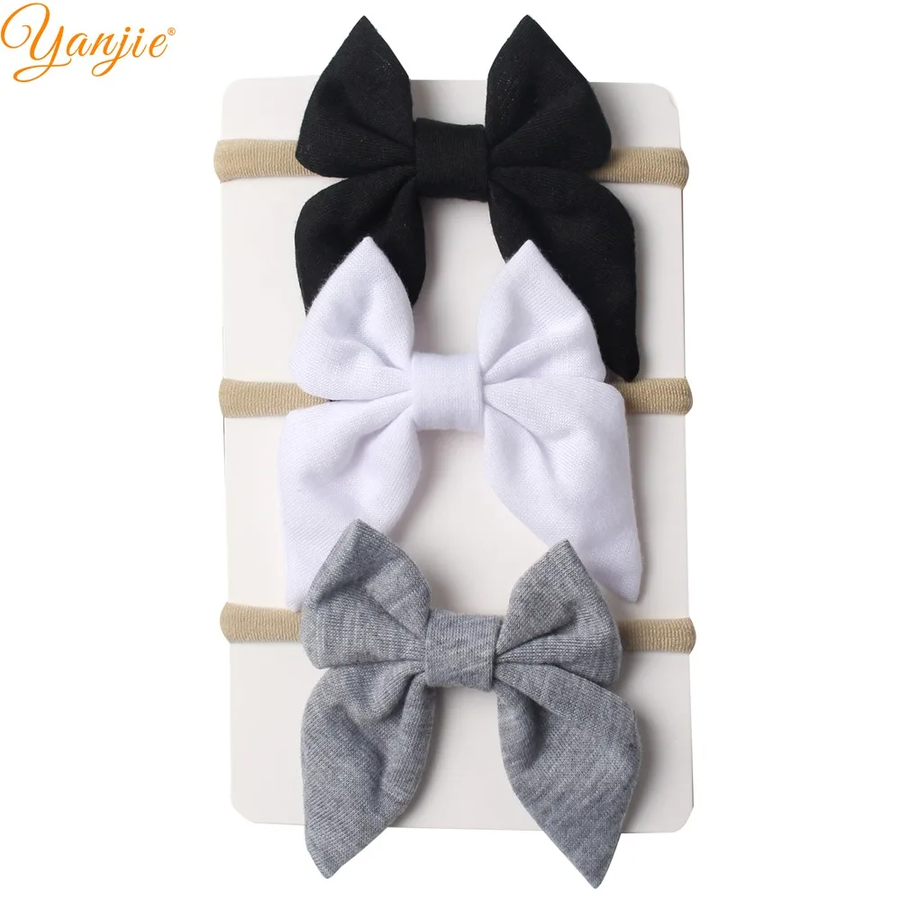 3pcs/set 3'' Cotton Bow With Khaki Nylon Headbands For Girls Solid Hair Bows Thin Elastic Nylon Headband Hair Accessories