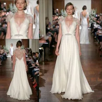 Kate Middleton In Jenny Packham Formal White Chiffon Evening Dresses With Lace Cap Sleeves V Neck Long Prom Dresses EV0117