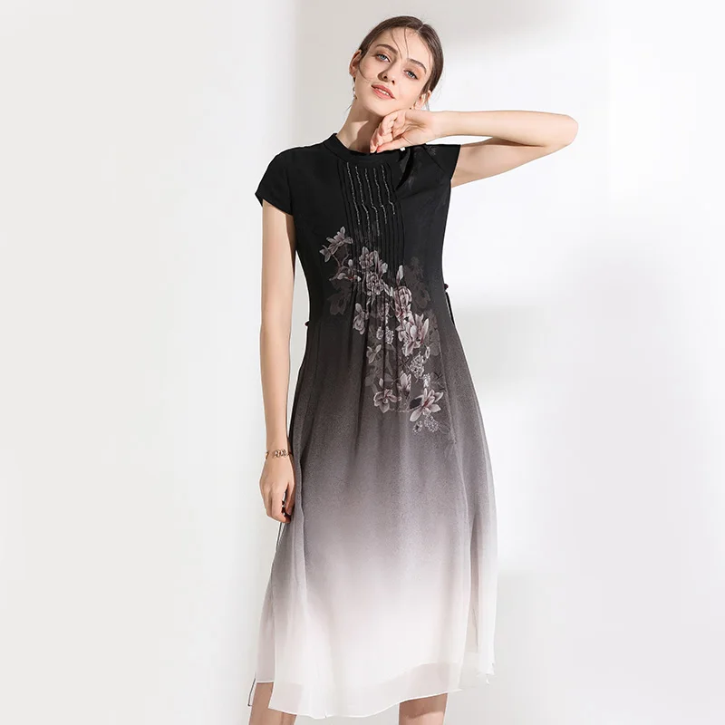Plus Size Double layer 100 Silk Dress Women Printed Pleated Design