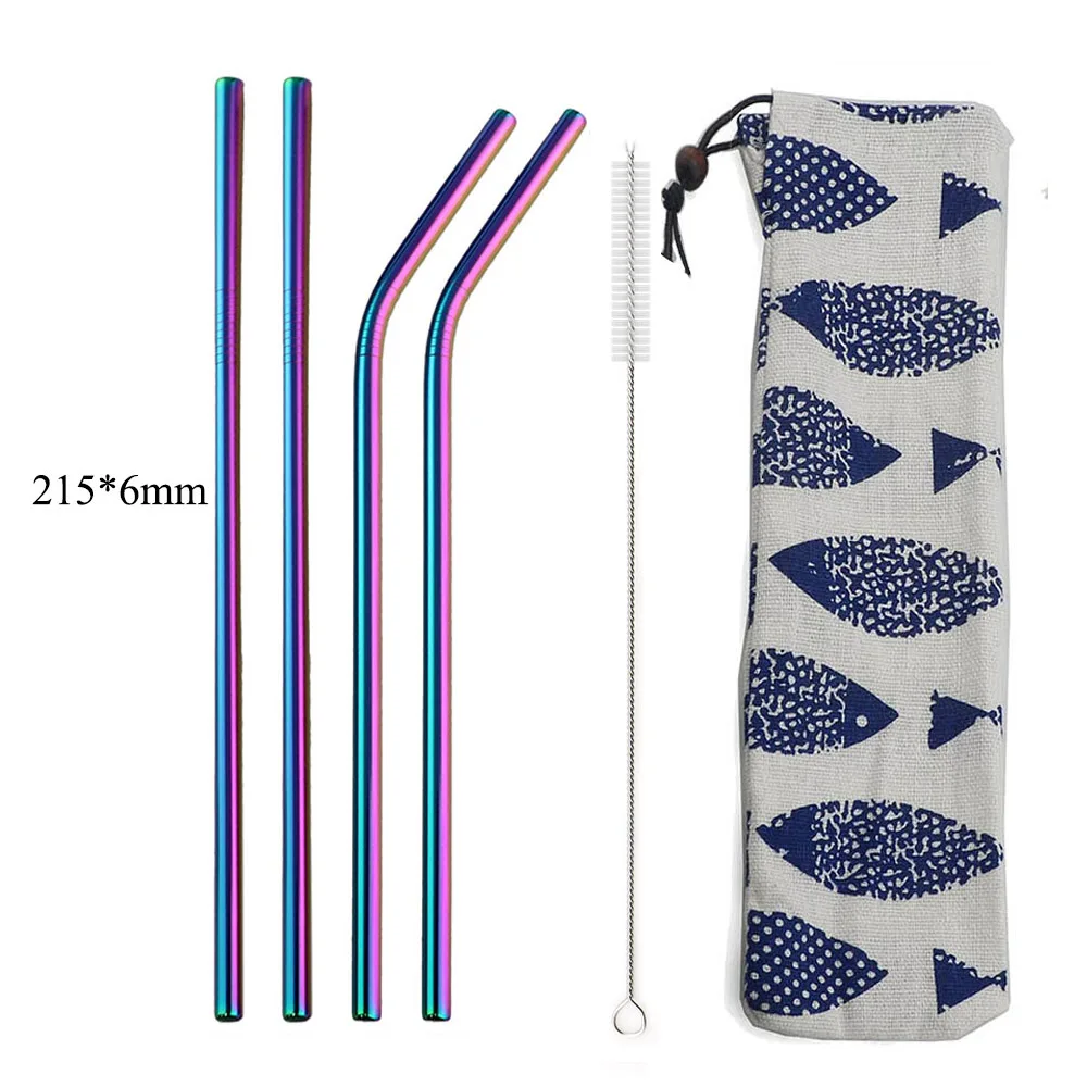 Eco-Friendly 4-Piece Reusable Stainless Steel Straw Set with Cleaning Brush