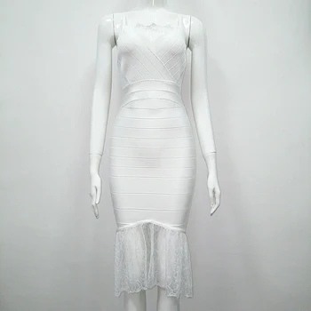 

Elegant White Bandage Dress Women Spaghetti Strap Bodycon Midi Lace Wedding Party Dresses Vestidos Summer Dress Dropshipping