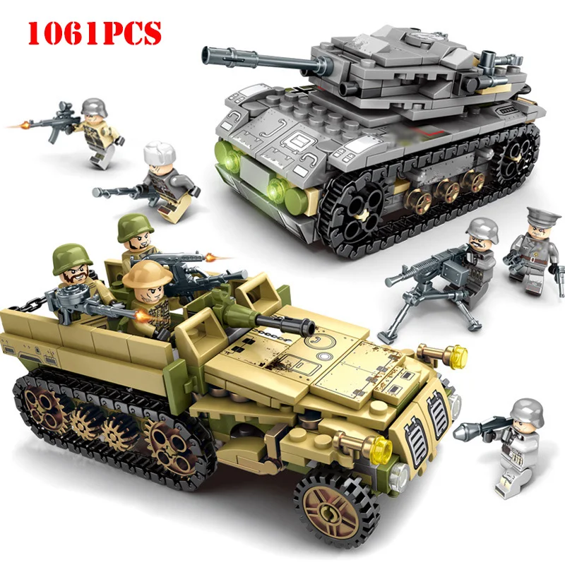 8 in 2 World War 2 Military Tank Panzer Vehicle Building Blocks Compatible Legoing WW2 Army Figures Weapons Bricks Toys For Kids