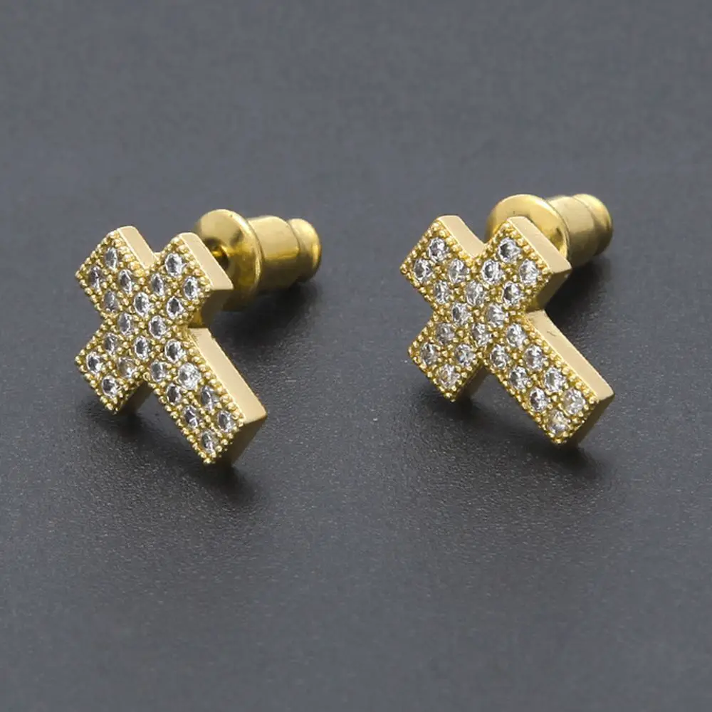 Сережки-крестики, циркон, мозаика, жёлтое золото, хип-хоп женские мужские серьги-клипсы Подарочные