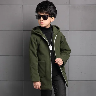 Детская одежда, Новая Зимняя шерстяная куртка для мальчиков, ветровка для больших мальчиков, корейское повседневное плотное шерстяное пальто - Цвет: Plus velvet green