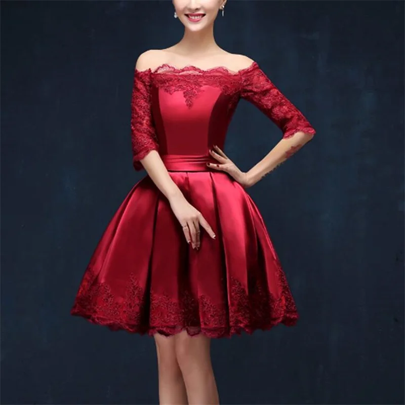 

2017 New Short Evening Dresses with Half Sleeves Elegant Boat Neck Women Girls Ball Prom Party Pageant Graduation Formal Dress