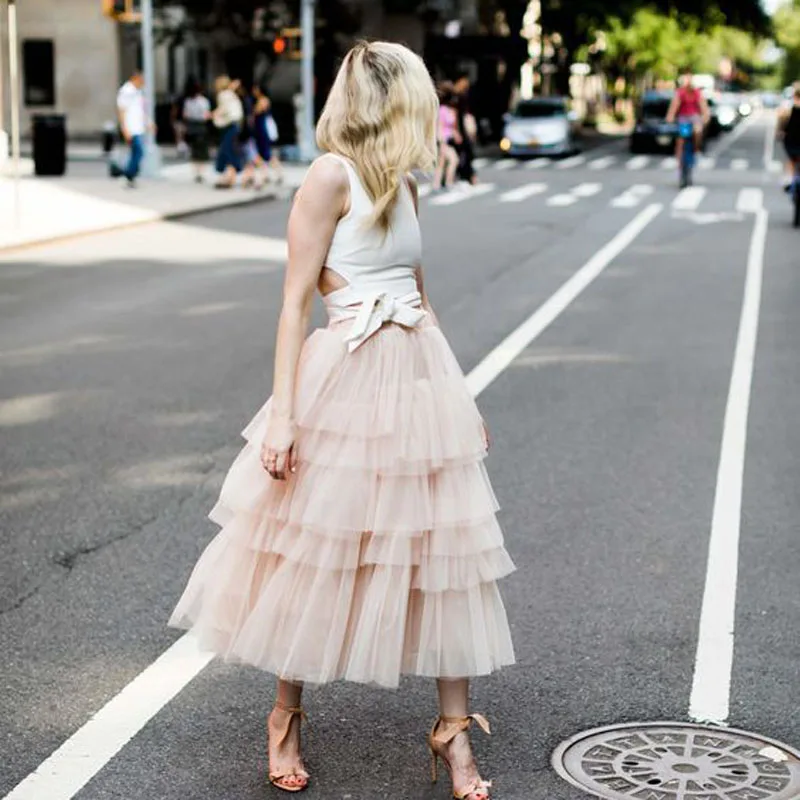 Высокая уличная многоярусная юбка из тюля для женщин модная плиссированная бледно-розовая юбка макси с лентой Faldas Saia на заказ любой цвет размер - Цвет: Розовый