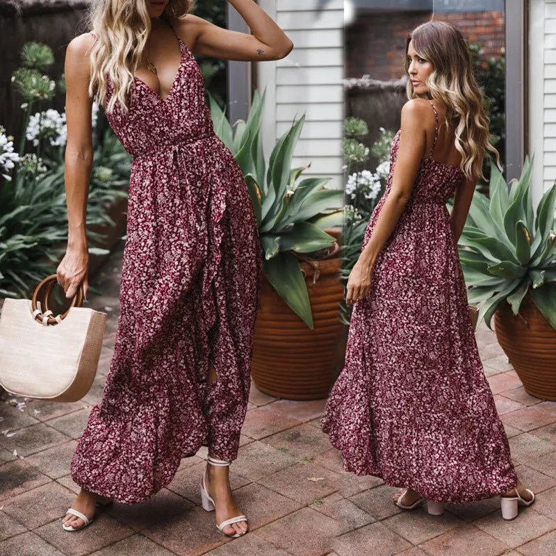 

2019 Summer Dress Women Temperament Deep V Floral Print Mid-length Sleeveless Sling Casual Sexy Long Dress Maxi vestidos