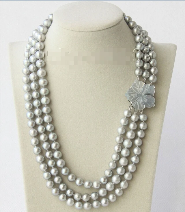 

FREE shipping>>> >>> Genuine 19"-21" 3row 10mm round Gray FW pearl necklace seashell clasp e1860