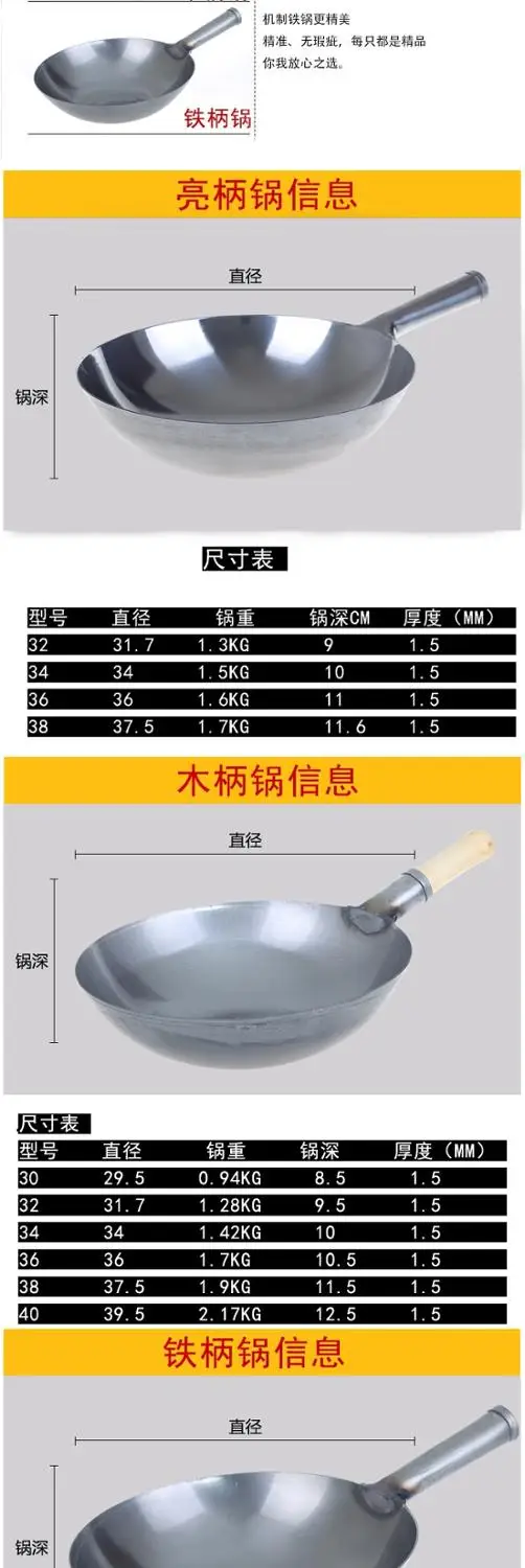Китайский стиль, традиционная железная кастрюля ручной работы, утолщенная, не покрытая, с круглым дном, сковорода wok cook, большая кастрюля для приготовления пищи, с деревянной ручкой, крышка/5