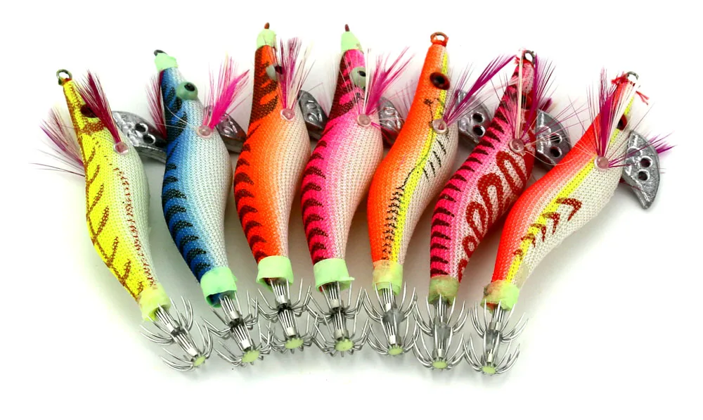 

7pcs/lot Fishing Lures Artificial Wood Shrimp Hooks Squid Jigs 8CM-7.4G 2.0#