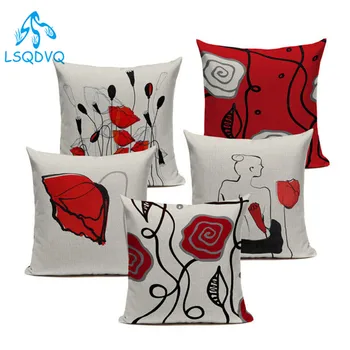

Decorative Throw Pillow Case Red Flower Cute Cartoon Capa de Almofadas Cotton Linen Cushion Cover Decoration For Sofa Car Home