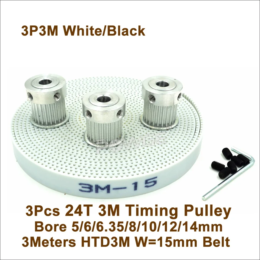 

POWGE 3pcs 24 Teeth 3M Timing Pulley Bore5/6/6.35/8/10/12/14mm + 3meters PU HTD 3M Belt W=15mm 24T 24Teh 3M Timing Belt Pulley