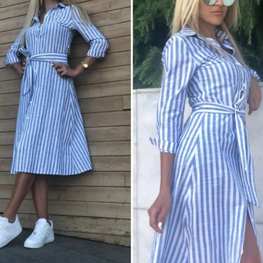 

striped multi color women dress turn-down collar vinatge dress button down streetwear office lady dress vestidos de verano