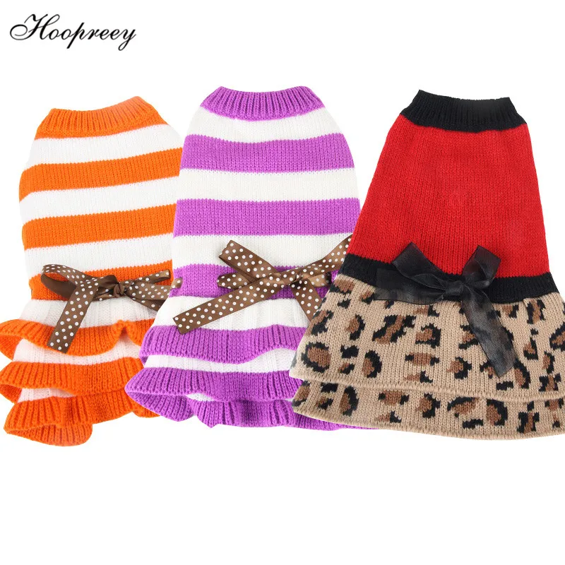 

New Autumn Knitted Dog Dresses Adjustable Belt Bow Decor Striped Leopard Print Pleated Skirts for Small Puppy Dogs and Cats 10A