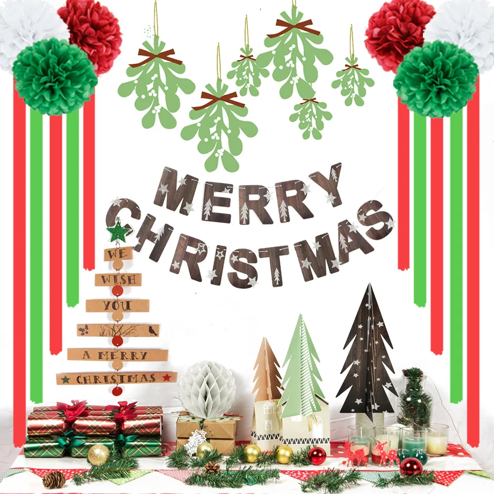 

Merry Christmas Party Decorations for Home Christmas Trees Table Decor Pom Poms Flower Mistletoe Leaves Paper Garland for Xmas