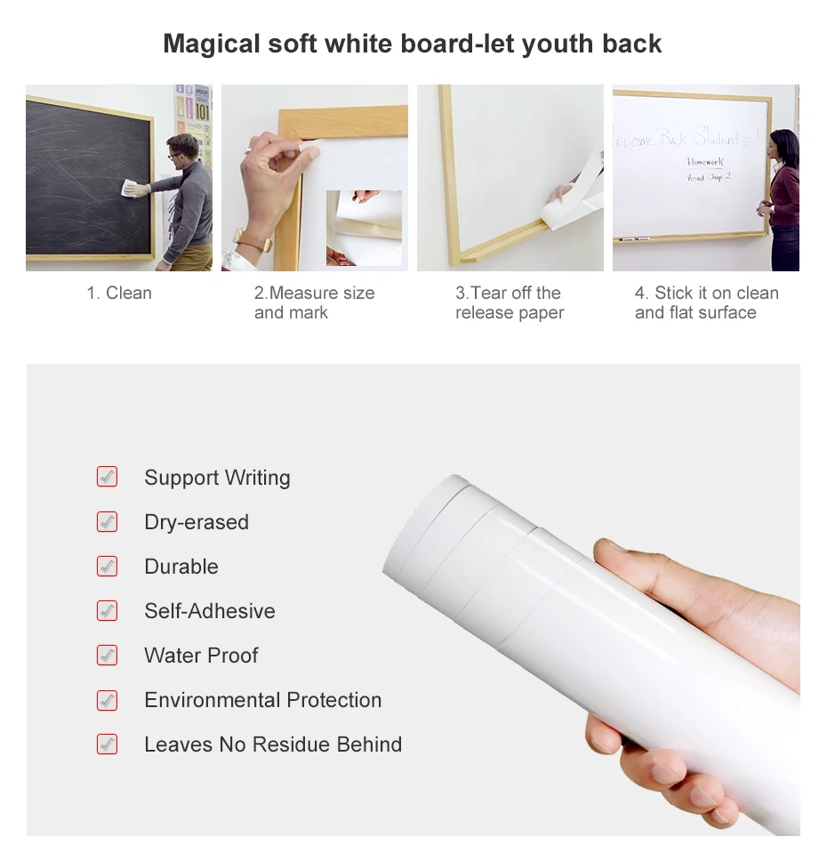 930_06 Self-adhesive Whiteboard Sticker Dry Erase White Board Removale Writing Drawing Message Board Kids Gift Wall Sticker 60 x 40cm