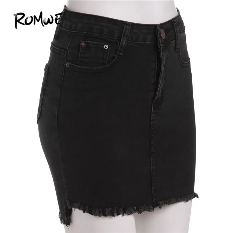 ROMWE осенние мини юбки повседневные юбки для женщин Простые черные с карманами выше колена джинсовая облегающая юбка Уличная панк-юбка