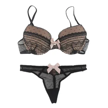 

New High Quality Black Bow Decoration Lace Sexy Thin Bra Thone 2pcs Set for Female/Girl/Lady, Fashion Lingerie Women's Underwear