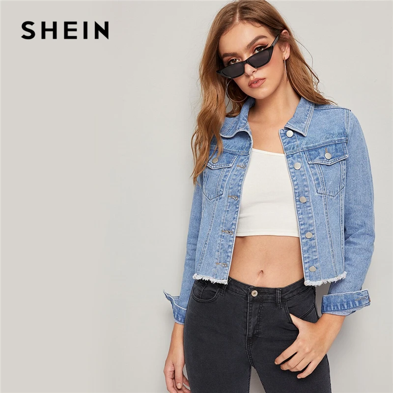 discounted  SHEIN Blue Frayed Edge Flap Pocket Spring Denim Jacket Coat Women 2019 Autumn Streetwear Single Bre