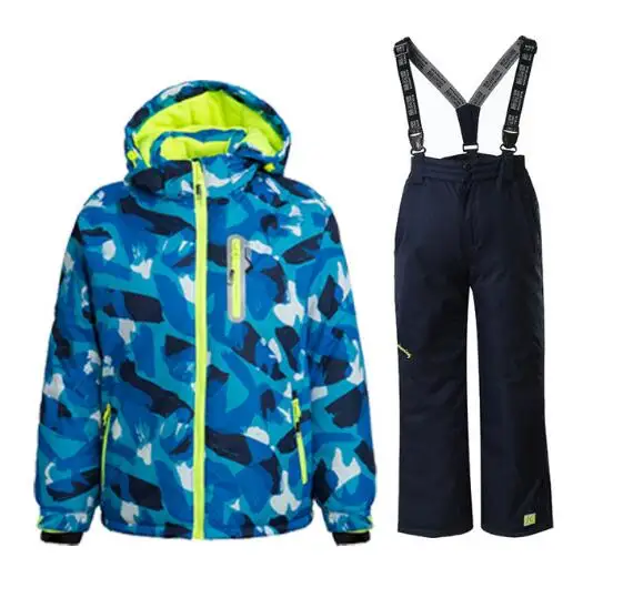 Водонепроницаемый ветрозащитный лыжный костюм для мальчиков; лыжная куртка и брюки; Детский комплект для сноуборда; куртка и брюки; детский лыжный костюм - Цвет: blue black