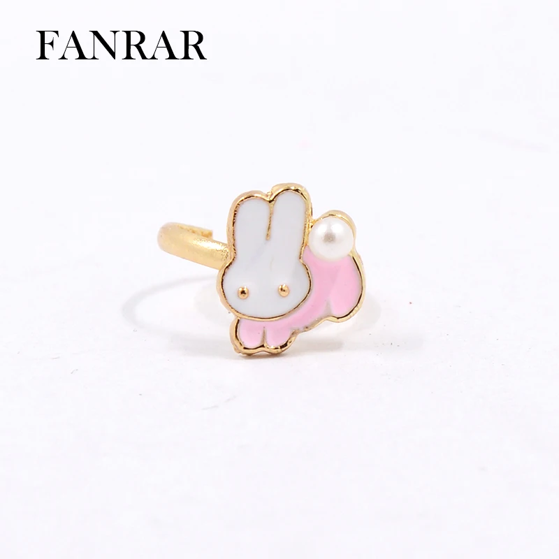 

FANRAR Cute Assorted Animal Enamel pink Rabbit Bunny Gold color Imitation pearls Ring for Baby Kids Girls Party Gift R061