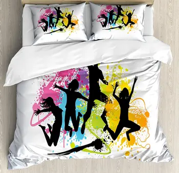 

Youth Duvet Cover Set, Jumping People Set Against Spray Paint Elements Teenagers Having Fun Energy Activity 4 Piece Bedding Set
