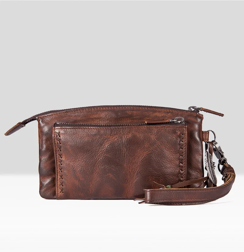 Carteira masculina de couro zíper longo retro