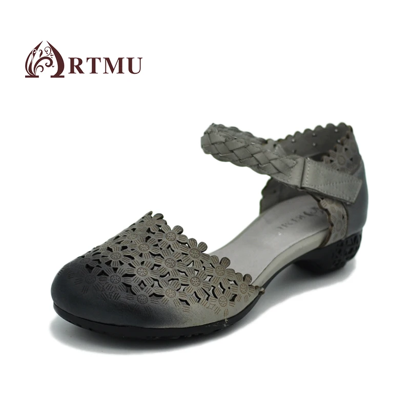 

Artmu Hollow Out Women Low Heels Shoes Summer Mary Jane Handmade Women Leather Mid Heels Shoes Female Flowers Woman Dress Shoe