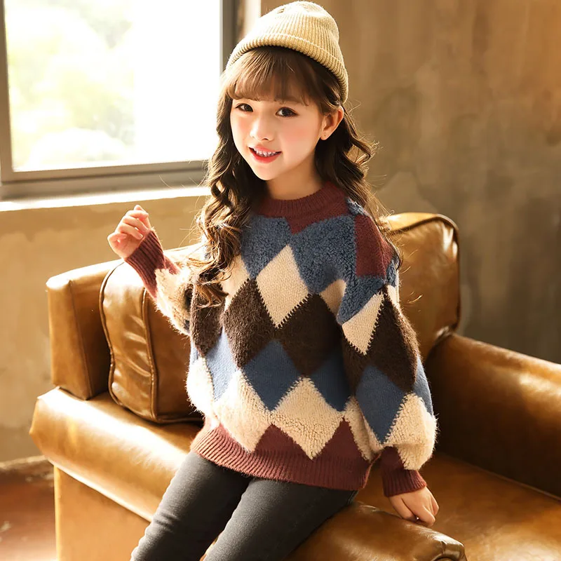 

2018 New Winter Kids Sweater Girl Plaid Knitwear Children Cotton Sweater Cute Baby Girls Knitted Tops Toddler Wool Sweater,#3640