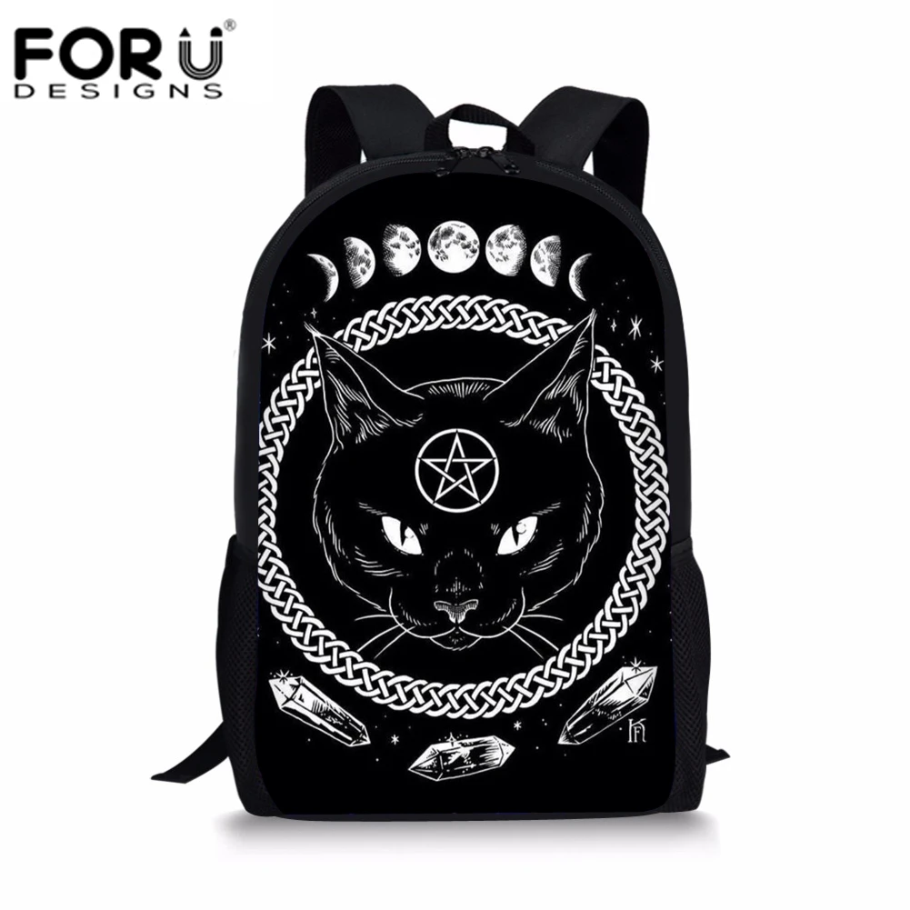 

FORUDESIGNS Gothic Moon Phase Backpacks For Teenage Boys Girls The Witching Hour Witchcraft Black Cat School Bags Kids Rucksack