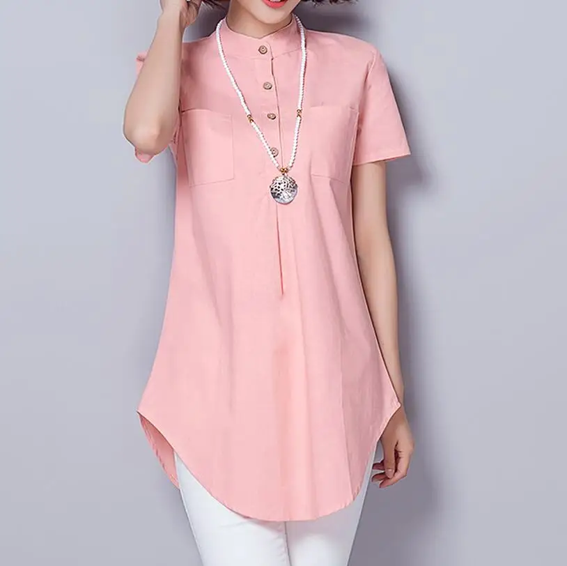 Vintage Elegant Cotton Linen Women Blouses Summer Short Sleeve Slim ...