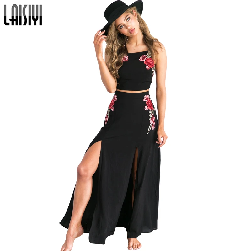 

LAISIYI Flower Embroidery Two Piece Set Beach Summer Long Dress Women Club Off Shoulder Maxi Dresses Strappy Vestidos ASSU20013