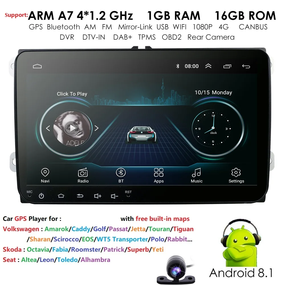

2 Din Android 8.1 Car Audio Car NODVD Player GPS Radio For VW GOLF 6 Polo Bora JETTA B6 PASSAT Tiguan SKODA OCTAVIA OBD recorder