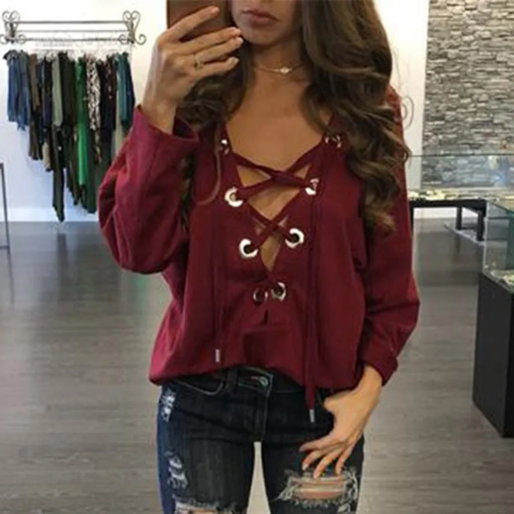 

Feitong Blouse Women Sexy Deep V-Neck Solid Long Sleeve Top Shirt Blouse Camisas Mujer Blusas Femininas Womens Tops And Blouses