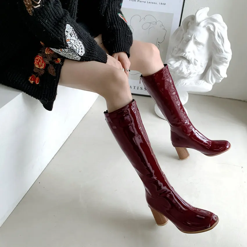 QUTAA Patent Leather Zipper Round Toe Winter Casual Women Shoes Warm Fur Fashion Round Heel Knee High Boots Size 34-43