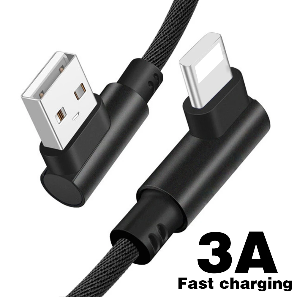 

90 Degree USB Cable for IPhone X XR XS 8 7 6S 5 Fast 3A Charging Cable for IPad USB Charger Cable L Type Mobile Phone Data Cable