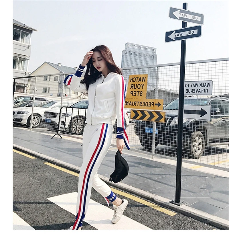 Conjunto de chándal blanco de Otoño de 2018 para mujer, conjuntos de pantalones deportivos coreanos, conjuntos dos piezas informales, trajes de deporte a rayas de 2 a la moda|Conjuntos
