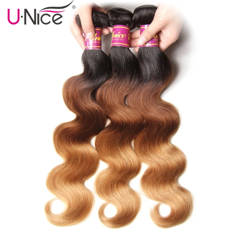 

UNICE HAIR Peruvian Body Wave Ombre Hair Extensions Color T1b/4/27 Human Hair 3 Bundles Three Tone Remy Hair Weaves 16-26inch