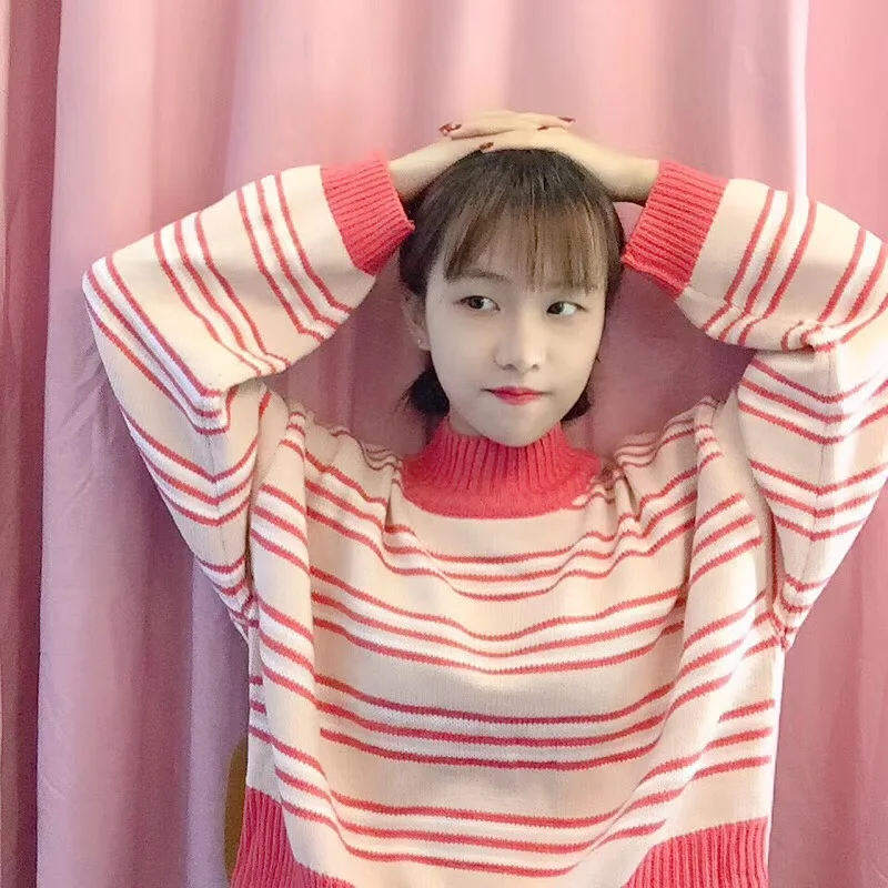 

Kawaii Pink Red Striped Turtleneck Loose Sweater Autumn Spring Winter Lolita Contrast Cute Pullover Knit Crop Top Korean Women