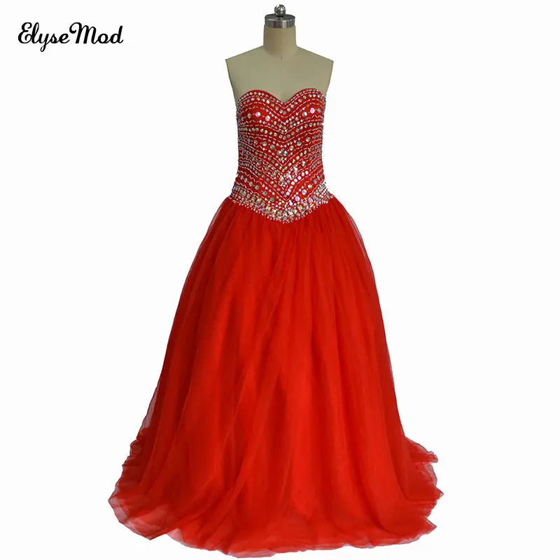 

Real Photo Ball Gown Sweetheart Tulle Beaded Red Lace Up Quinceanera Dresses Prom Gown Evening Formal Gown 2018