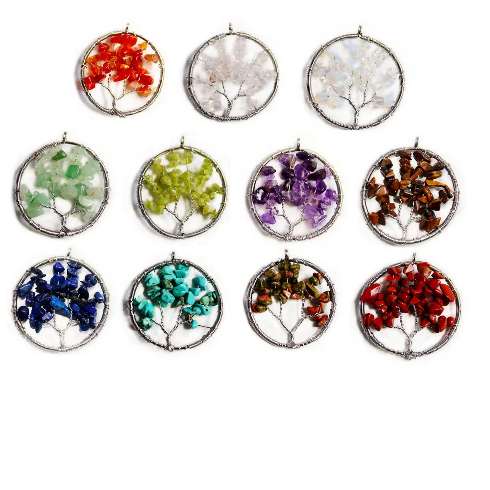 

Wisdom Tree Necklace Charms Chakra Purple Lemon Created Bead Natural Stone Pendant Leather Chain Birthstone Pendant