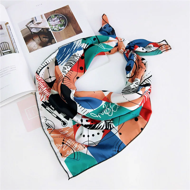 

Elegant Women Fashion Square Scarves Retro Printing Silk Feel Satin Female Neckerchief Soft Ladies Foulard Bandana Hair Tie Band
